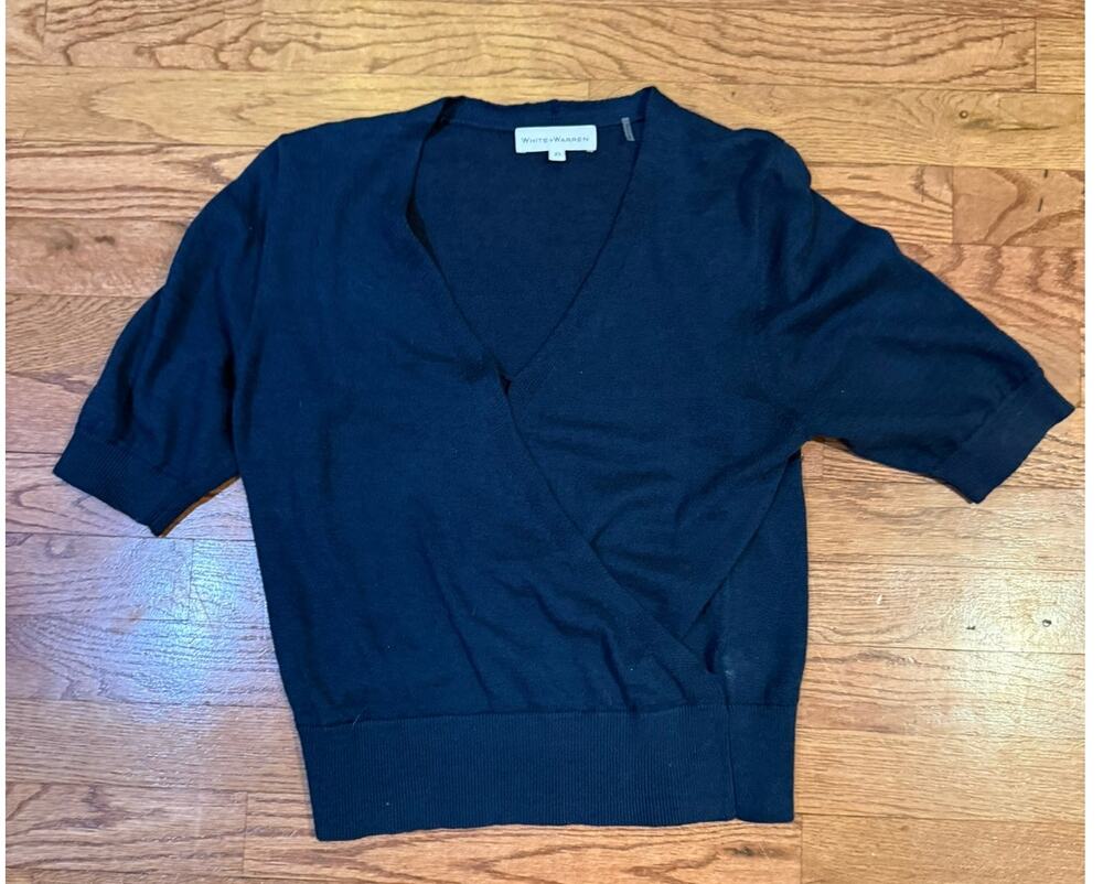 White + Warren Navy Blue Faux Wrap Short Sleeve Knit Sweater XS